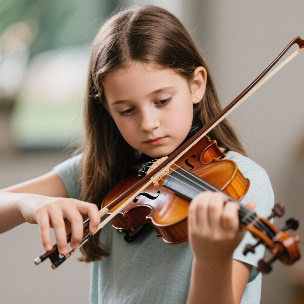 Une jeune fille jouant du violon avec concentration.