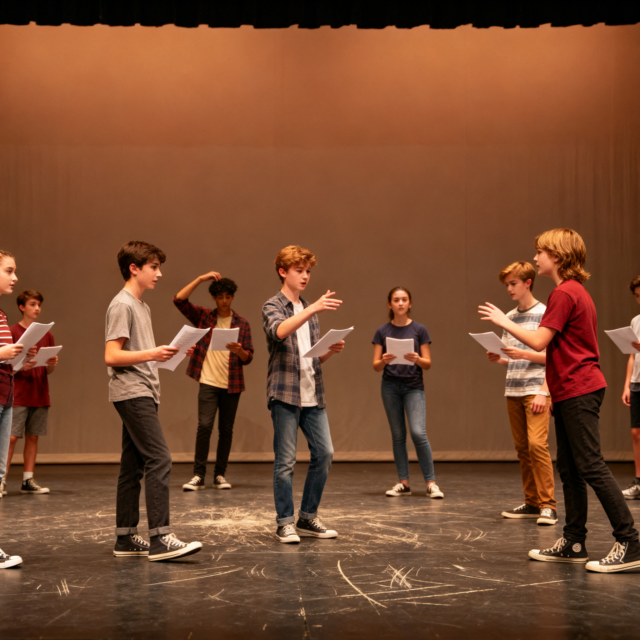 Un groupe d'adolescents sur une scène de théâtre, en pleine répétition.